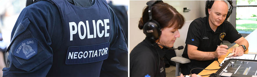 Uniforme d’un négociateur de la police et une négociatrice et un négociateur en situation de crise au téléphone portant des écouteurs